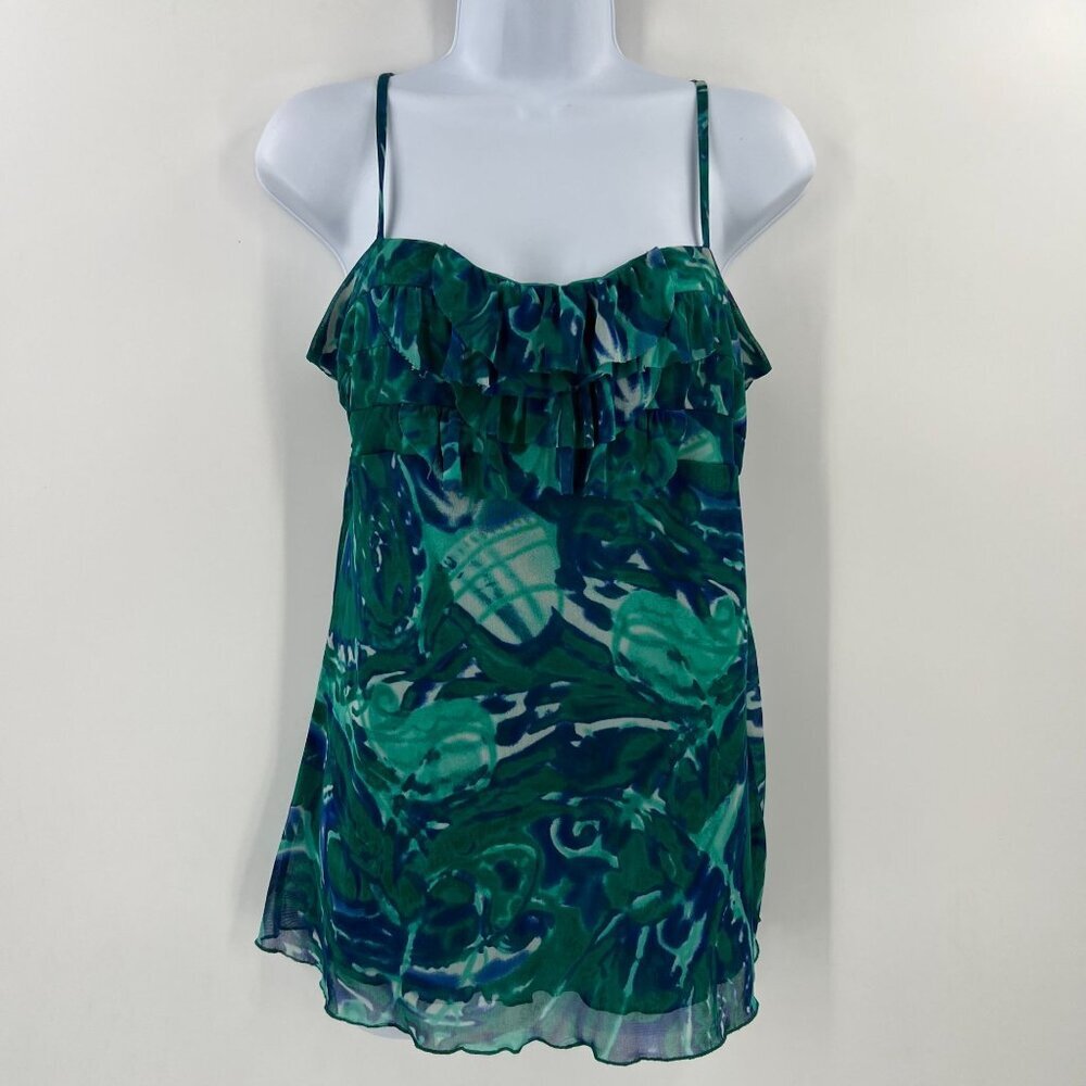 INC‎ International Concepts L Ruffle Camisole Green Blue Abstract Layering Top